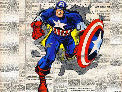 Captain America busting through a newspaper